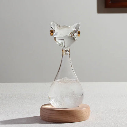 Egyptian Cat Storm Glass – Weather Forecast Crystal Ornament on Wood Base