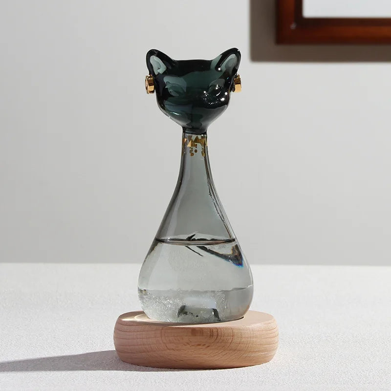 Egyptian Cat Storm Glass – Weather Forecast Crystal Ornament on Wood Base
