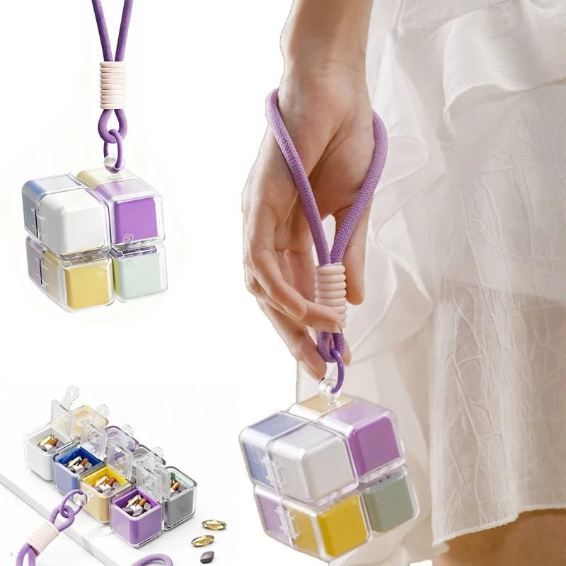 Rubik’s Cube 8-Grid Pill Organizer – Folding Magnetic Moisture-Proof Medicine Box | Portable Travel Pill Case