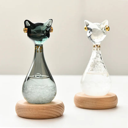 Egyptian Cat Storm Glass – Weather Forecast Crystal Ornament on Wood Base