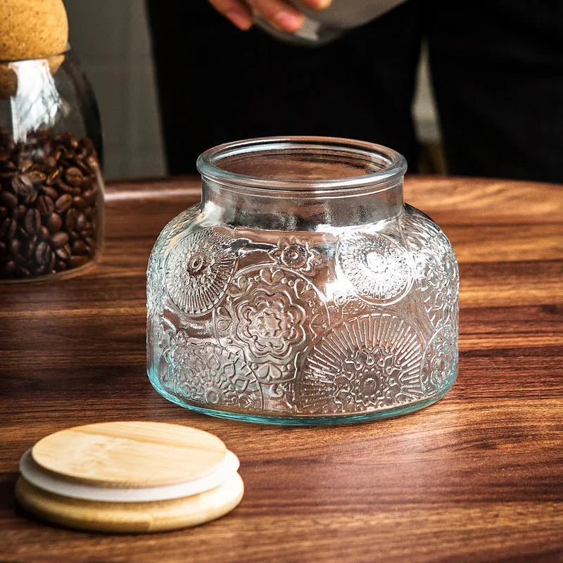 Nestify™ Vintage Embossed Begonia Flower Glass Jar – Retro Sealed Storage with Bamboo Lid