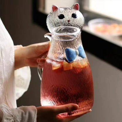 Nestify™ Cute Cat Hammered Glass Water Jug – 1800ml Heat‑Resistant Pitcher with Bow‑Tie Design