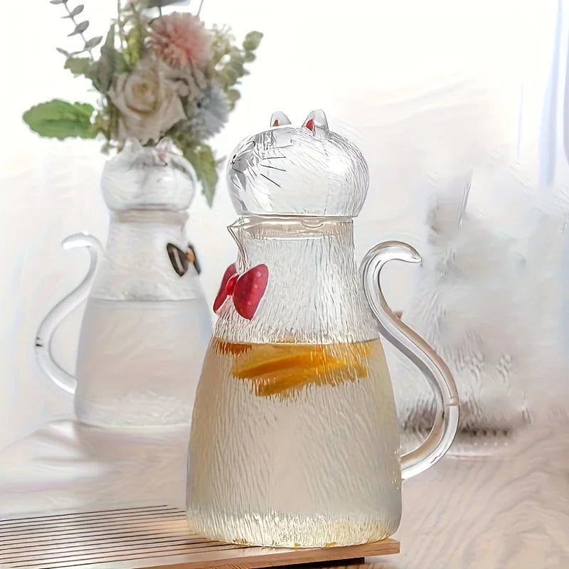 Nestify™ Cute Cat Hammered Glass Water Jug – 1800ml Heat‑Resistant Pitcher with Bow‑Tie Design
