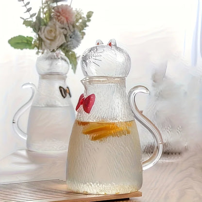 Nestify™ Cute Cat Hammered Glass Water Jug – 1800ml Heat‑Resistant Pitcher with Bow‑Tie Design