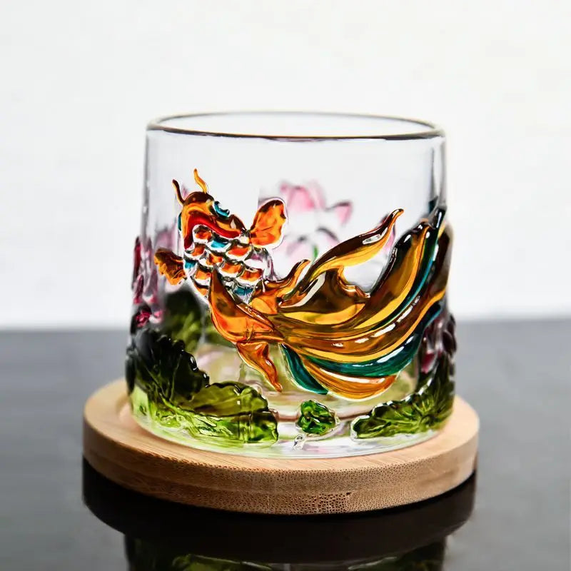 Nestify™ Koi Fish Lotus Rotatable Glass Mug – Embossed Pressure-Reducing Whiskey Cup with Wooden Base