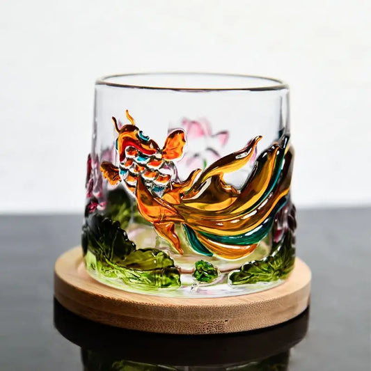 Nestify™ Koi Fish Lotus Rotatable Glass Mug – Embossed Pressure-Reducing Whiskey Cup with Wooden Base