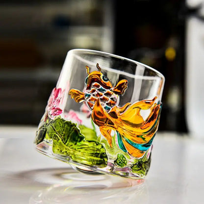 Nestify™ Koi Fish Lotus Rotatable Glass Mug – Embossed Pressure-Reducing Whiskey Cup with Wooden Base