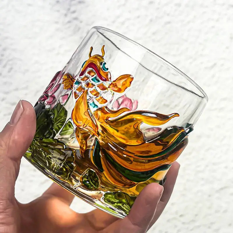 Nestify™ Koi Fish Lotus Rotatable Glass Mug – Embossed Pressure-Reducing Whiskey Cup with Wooden Base