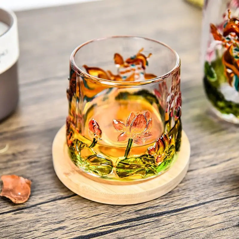 Nestify™ Koi Fish Lotus Rotatable Glass Mug – Embossed Pressure-Reducing Whiskey Cup with Wooden Base