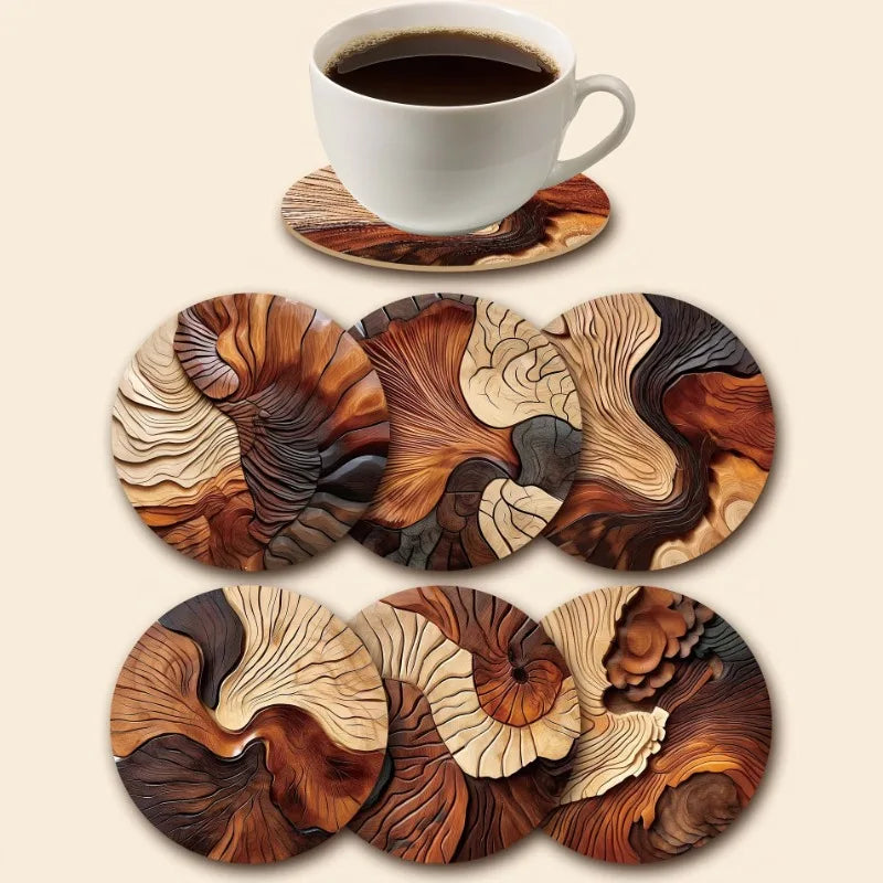 Set of four wooden coasters with a cup of coffee on a beige background