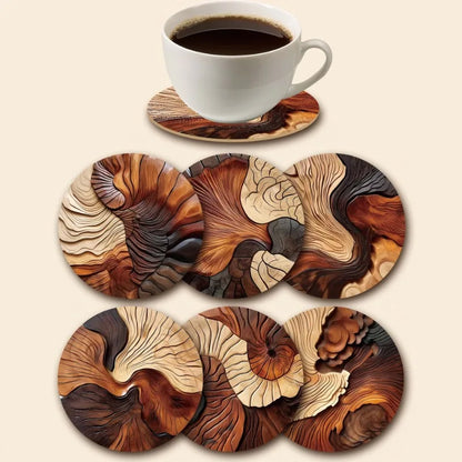 Set of four wooden coasters with a cup of coffee on a beige background