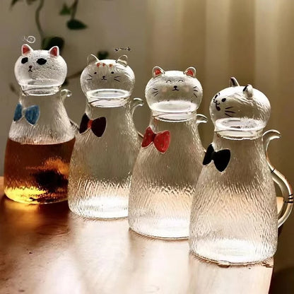 Nestify™ Cute Cat Hammered Glass Water Jug – 1800ml Heat‑Resistant Pitcher with Bow‑Tie Design