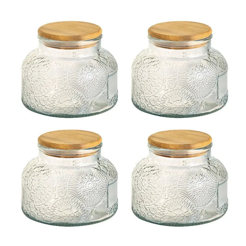 Nestify™ Vintage Embossed Begonia Flower Glass Jar – Retro Sealed Storage with Bamboo Lid