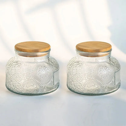 Nestify™ Vintage Embossed Begonia Flower Glass Jar – Retro Sealed Storage with Bamboo Lid