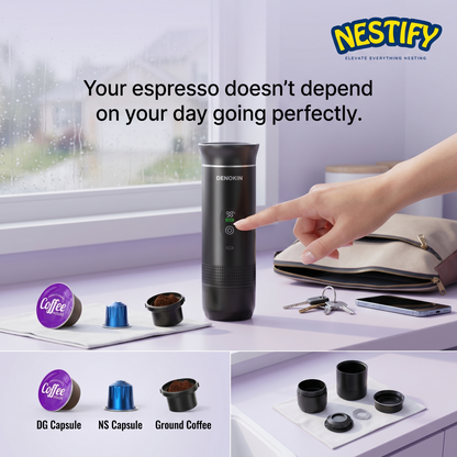 DENOKIN™ Portable Espresso Maker – 3‑in‑1 Coffee Companion for Home, Office & Travel