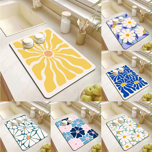 Abstract Floral Diatomite Dish Drying Mat