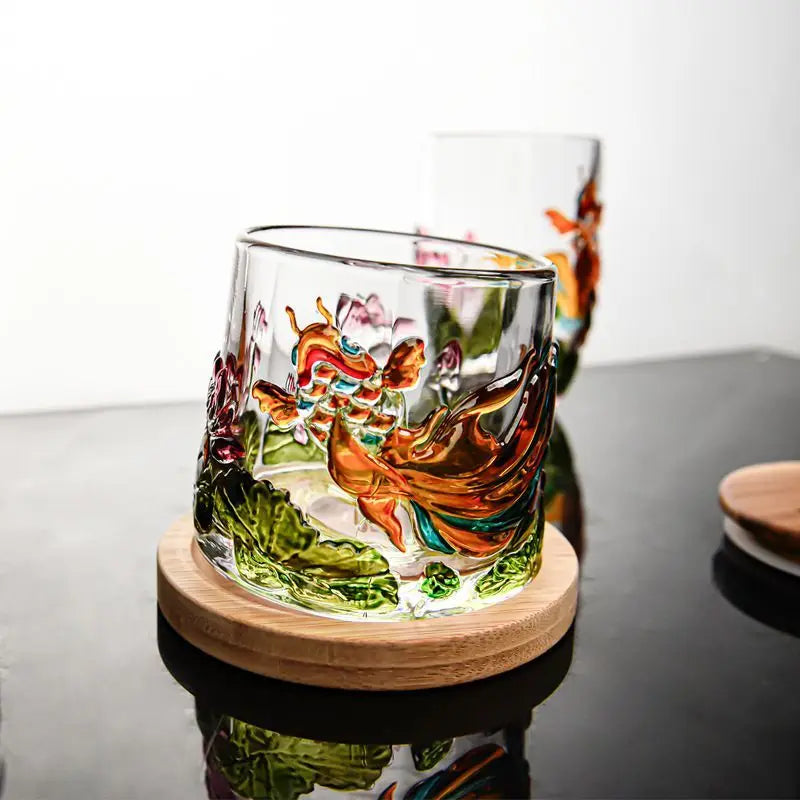 Nestify™ Koi Fish Lotus Rotatable Glass Mug – Embossed Pressure-Reducing Whiskey Cup with Wooden Base