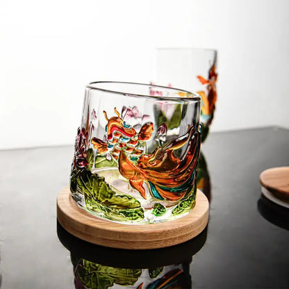 Nestify™ Koi Fish Lotus Rotatable Glass Mug – Embossed Pressure-Reducing Whiskey Cup with Wooden Base
