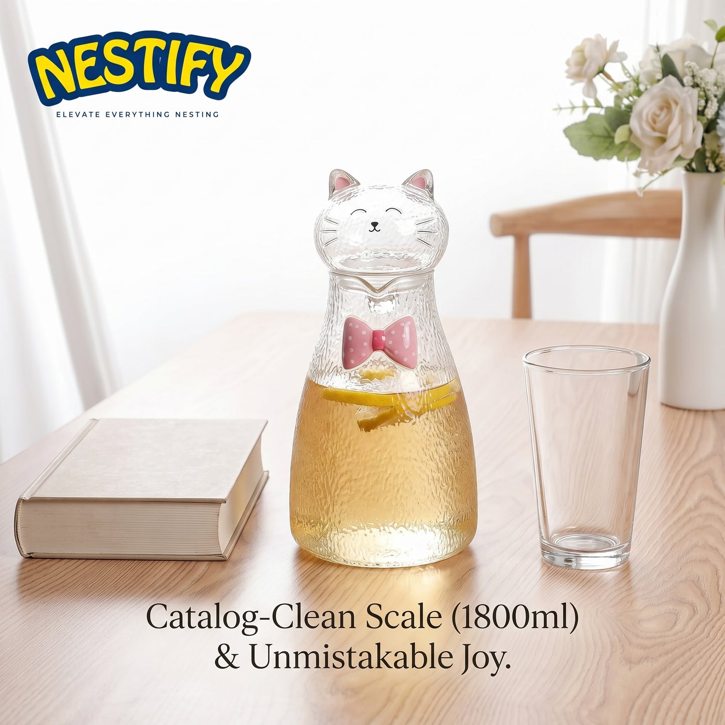 Nestify™ Cute Cat Hammered Glass Water Jug – 1800ml Heat‑Resistant Pitcher with Bow‑Tie Design