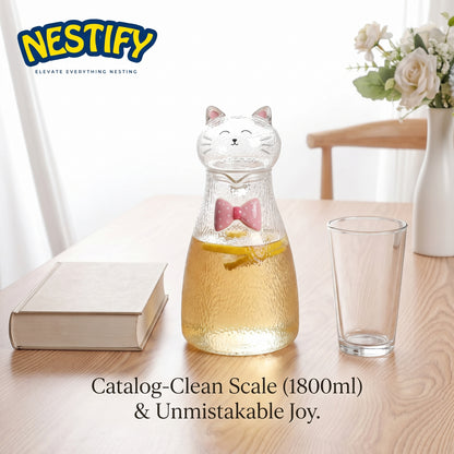 Nestify™ Cute Cat Hammered Glass Water Jug – 1800ml Heat‑Resistant Pitcher with Bow‑Tie Design
