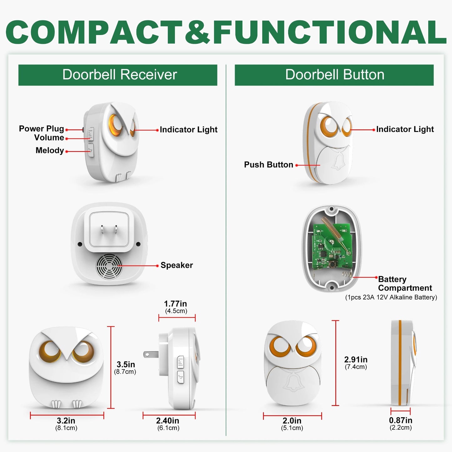 Nestify™ Owl Wireless Doorbell Chime – Cute Long-Range Waterproof Door Bell Kit with 35 Melodies & LED Flash