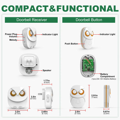 Nestify™ Owl Wireless Doorbell Chime – Cute Long-Range Waterproof Door Bell Kit with 35 Melodies & LED Flash