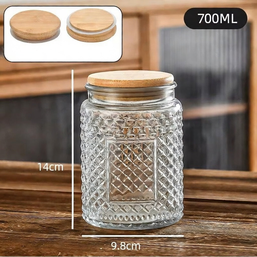 Nestify™ Vintage Embossed Glass Storage Jar | Sealed Tea Container with Wooden Lid