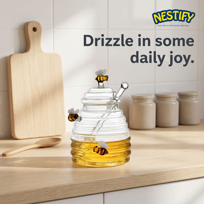 Nestify™ Glass Honey Jar with Bee Dipper & Lid (14oz)